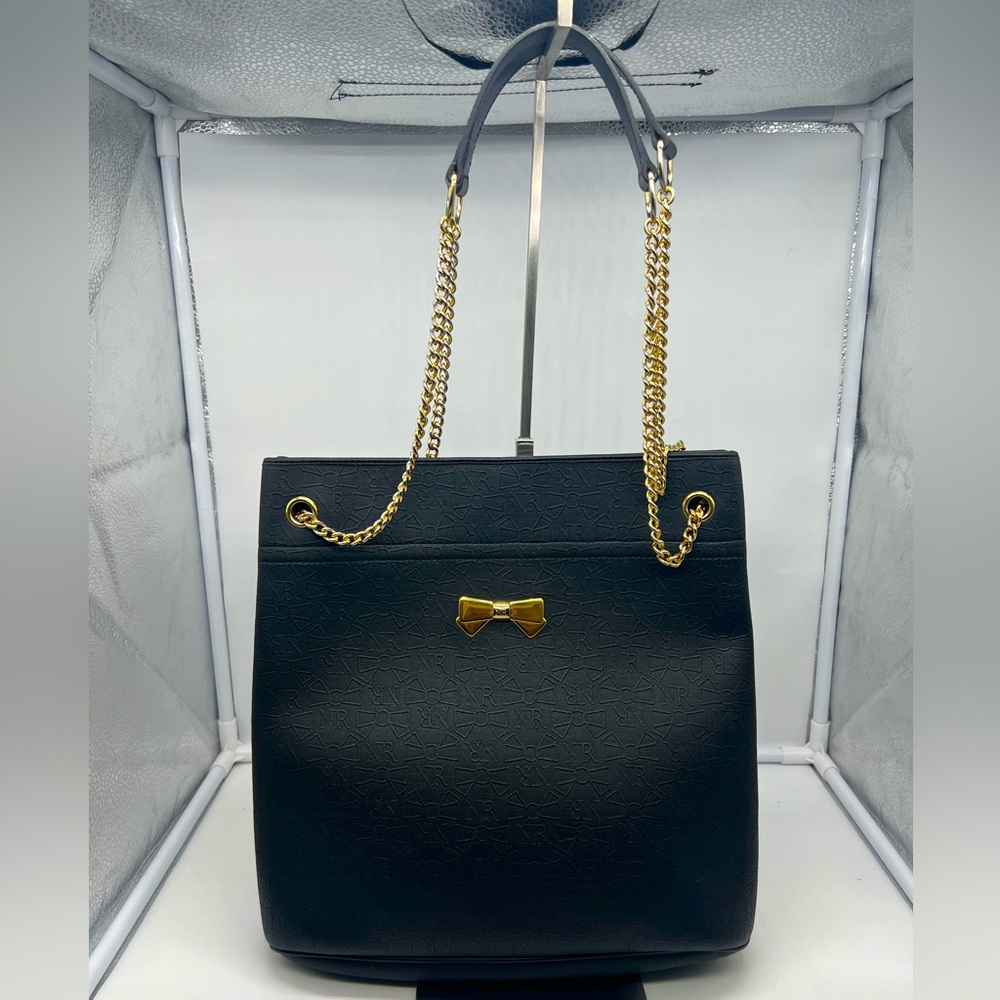 NINA RICCI Vintage Made in France Black PVC Leather Trim Bow Shoulder Bag Tote